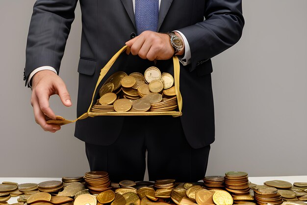 Photo businessman holding a bag full of golden coins