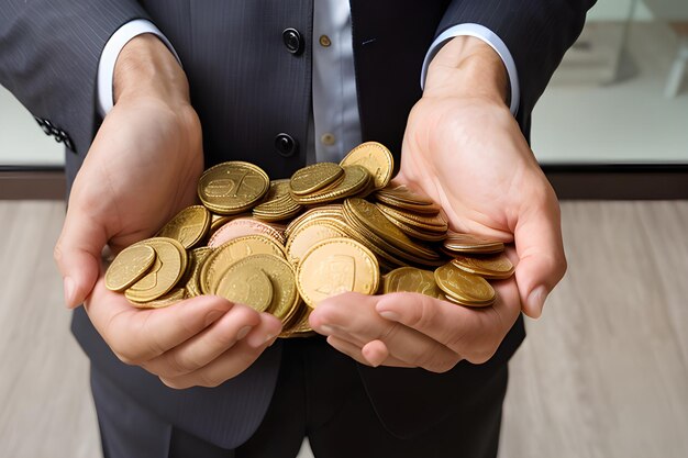 Businessman holding a bag full of golden coins