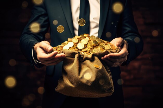 Foto un uomo d'affari con una borsa piena di monete d'oro