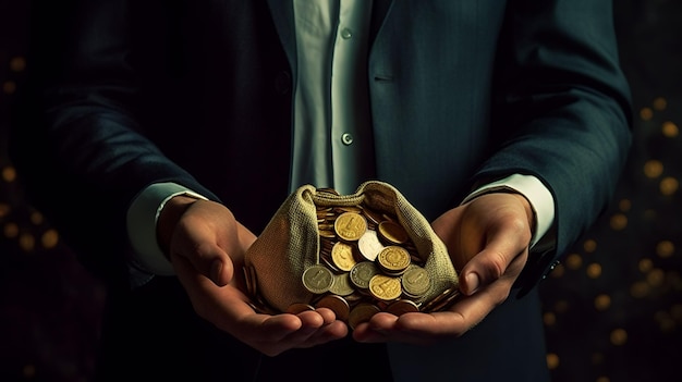 Businessman holding a bag full of golden coinsCreated with Generative AI technology