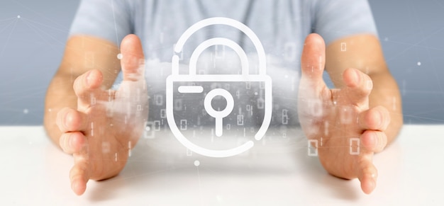 Businessman holding a Binary cloud with internet security padlock 