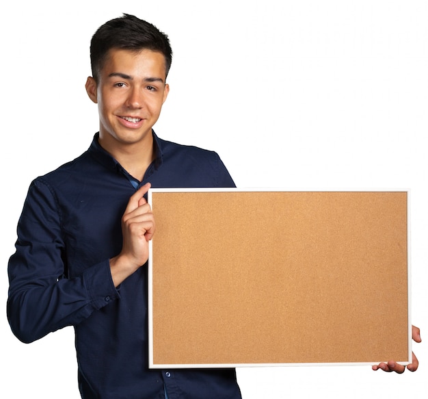 Businessman holding a blank signboard