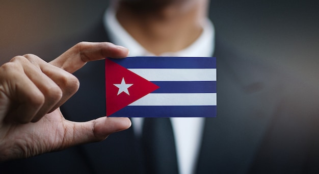 Businessman Holding Card of Cuba Flag