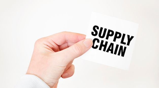 Бизнесмен с карточкой с текстом SUPPLY CHAIN бизнес-концепция