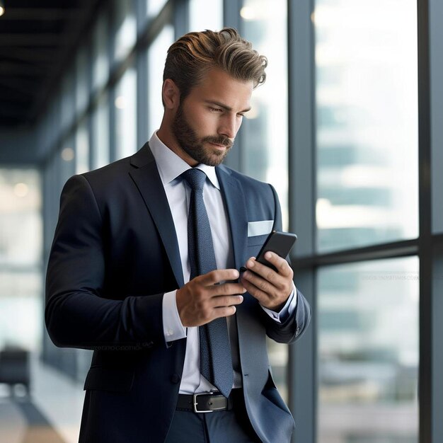 Photo businessman holding cell phone in office