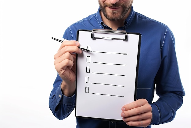 businessman holding clipboard on white isolated background