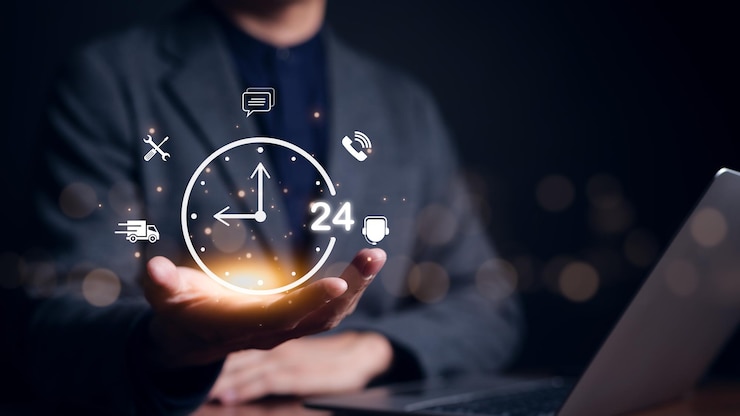 Businessman holding clock and icon contact 24 hr support services on for nonstop and fulltime available Assistance customer services deliver Call center Care and consulting client 24 hr 277