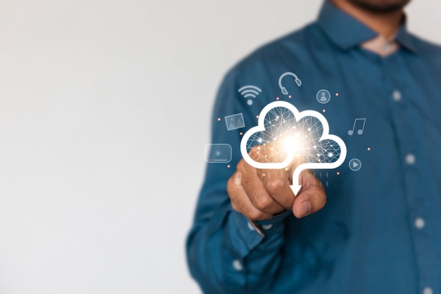 Photo businessman holding a cloud data icon with light. computing data on network. insurance business computer security concept.