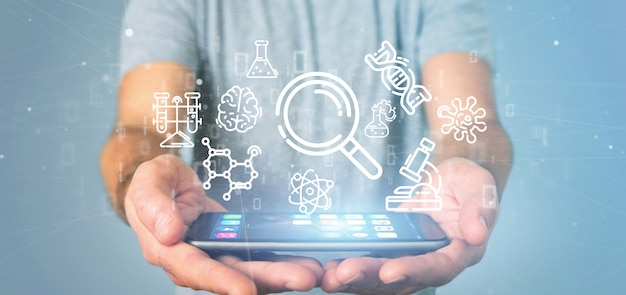 Businessman holding a cloud of science icon