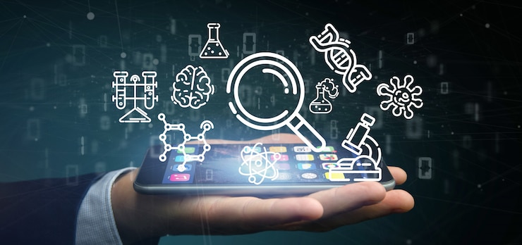 Photo businessman holding a cloud of science icon