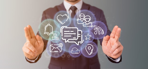 Businessman holding a cloud of social media network icon