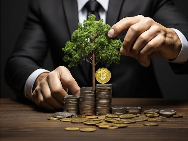 Businessman holding coin with graph and tree growing on money coin