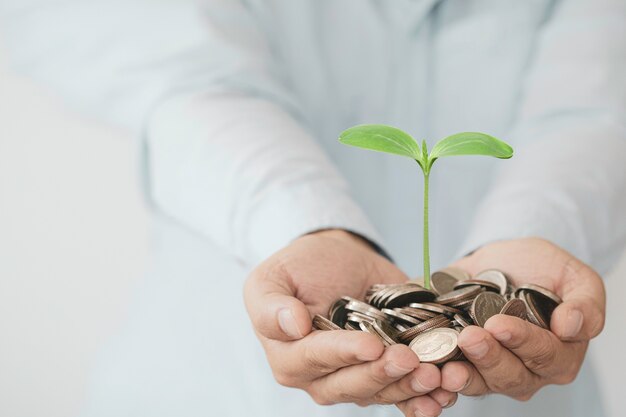 Businessman holding coins in hand with growth plant.