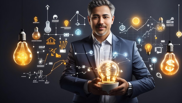 Businessman holding creative light bulb with growth graph and banking icons Financial innovation