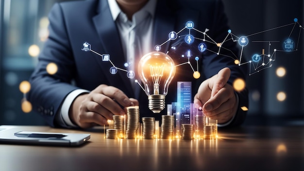 Businessman holding creative light bulb with growth graph and banking icons Financial innovation