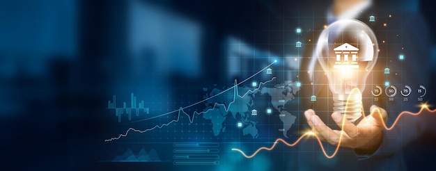 Businessman holding creative light bulb with growth graph and governance icons