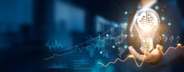 Businessman holding a creative light bulb with a growth graph and machine learning icons
