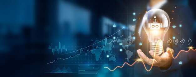 Businessman holding creative light bulb with growth graph robotics icons