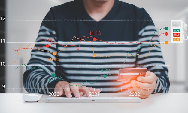 Businessman holding credit card and Oil energy graph of the world market, impact on the economy concept,Businessman touch chart with the indicator on the oil price slide at gas station,exchange trade.