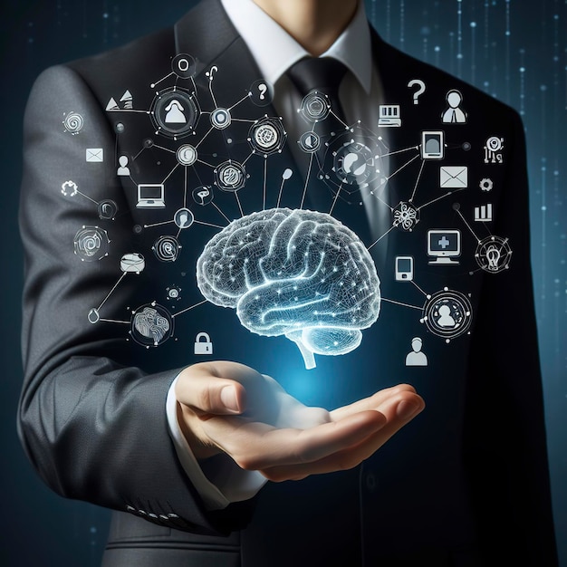 Businessman holding digital human brain and icon graphic in hand on dark blue background