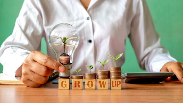 businessman holding energy-saving lamps with plants growing on coins and trees growing on coins, business start-up ideas, and financial growth.