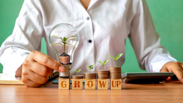 Businessman holding energy-saving lamps with plants growing on coins and trees growing on coins, business start-up ideas, and financial growth.