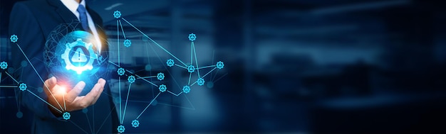 Businessman holding global structure networking and risk management connection web development