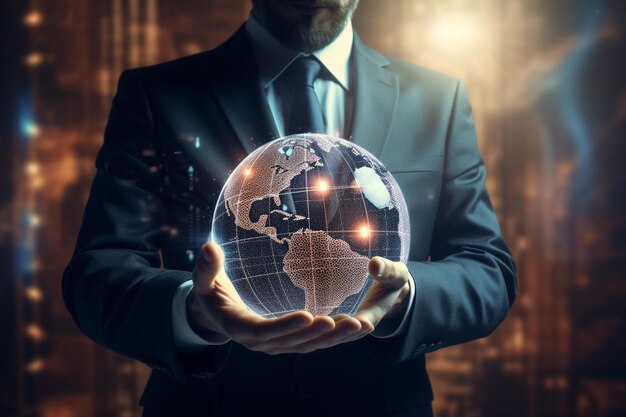 Businessman holding a globe with icons Generative ai