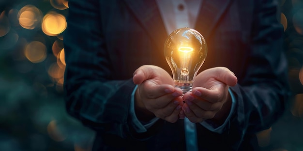 Businessman holding the glow light bulb in dark background Technology concepts