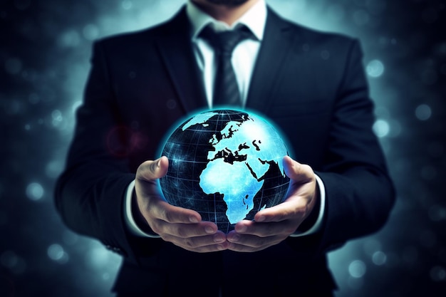 Businessman holding a glowing earth globe in his hands