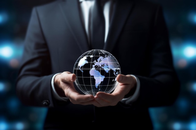 Businessman holding a glowing earth globe in his hands