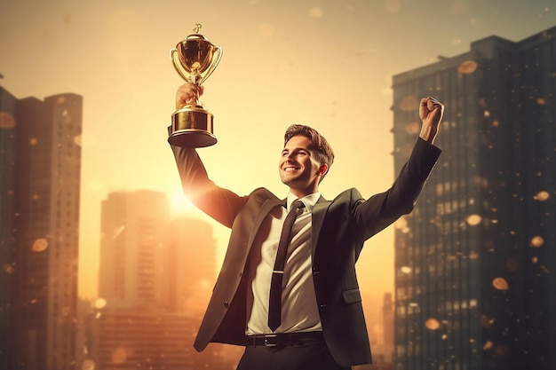 Businessman Holding gold trophy celebrating with trophy award for success in business Generative A