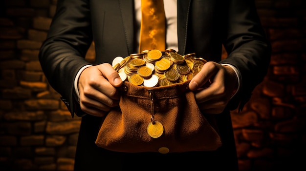 businessman holding golden coins generative AI