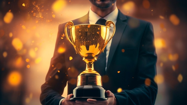 businessman holding a golden cup with a winner trophy