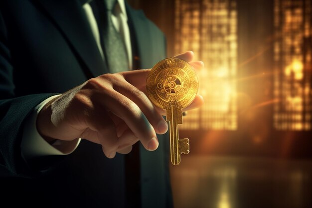 Businessman holding a golden key unlocking the Generative ai