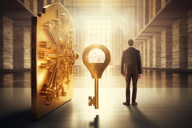 Businessman holding a golden key unlocking the Generative ai