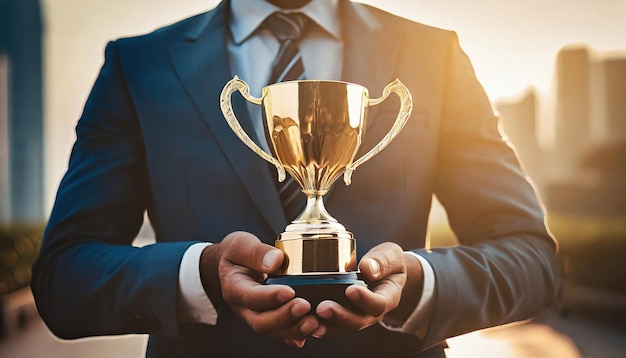 businessman holding a golden trophy