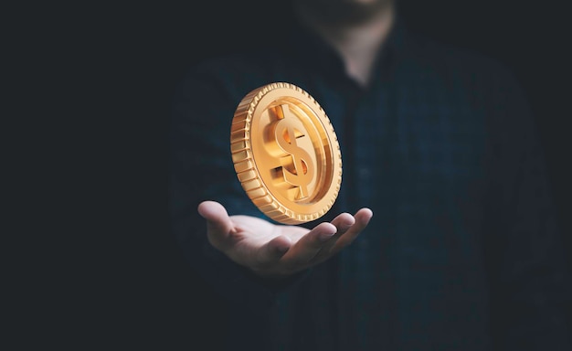 Photo businessman holding golden usd coin  dollar is the main currency exchange in the world from united stated of america