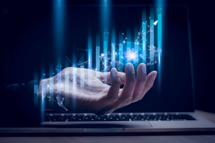 Photo businessman holding a graph goal of business investoranalysis economic and calculates financial data and target for longterm investments and profitability in future on digital data system manager