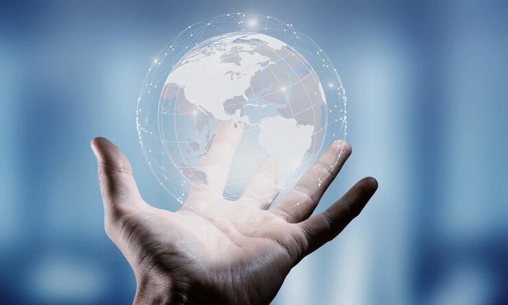 Photo businessman holding in hand with global connection concept.
