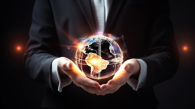 Businessman holding in hands with global connection concept Energy saving concept