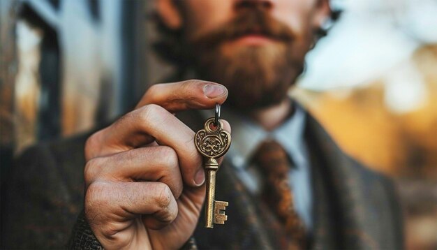 Uomo d'affari con la chiave di un appartamento in mano di un maschio sorridente ritratto sfocato