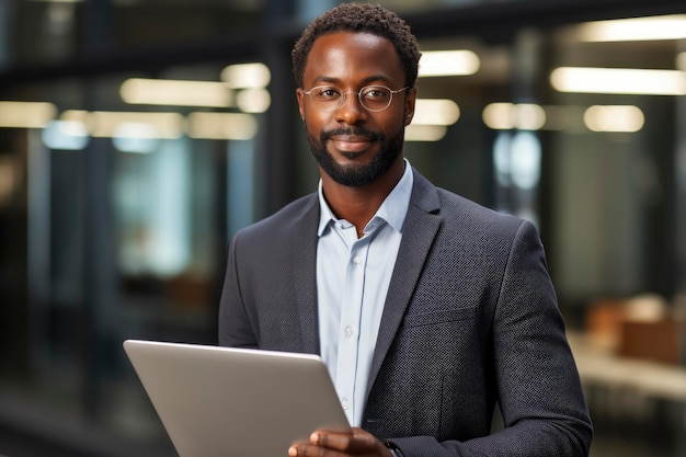 A businessman holding a laptop