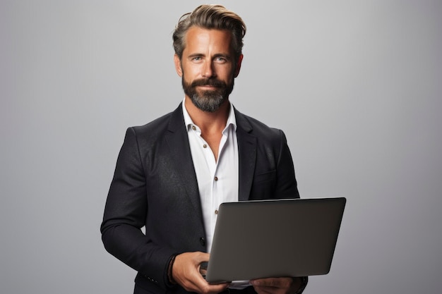 A businessman holding a laptop