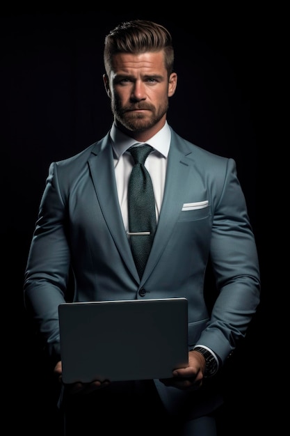 A businessman holding a laptop