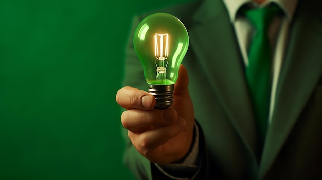 緑の背景に電球を保持している実業家生成 AI テクノロジーで作成