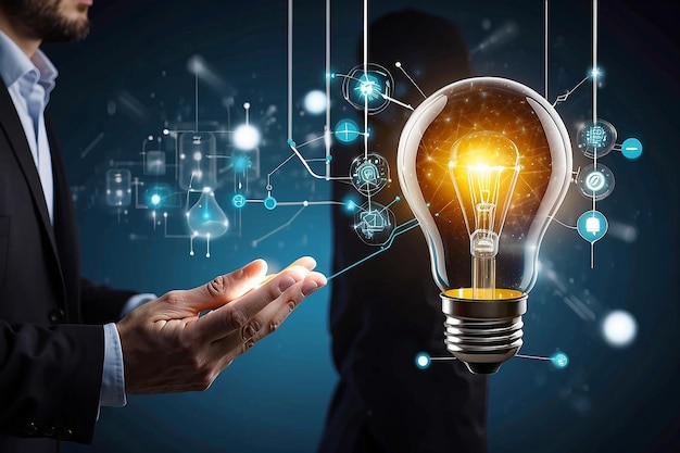 Businessman holding light bulb and new ideas of business with innovative technology network connection Business innovation concept