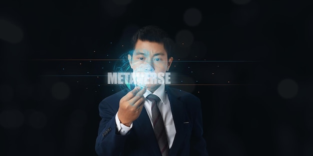 Businessman holding light bulb with virtual Global connection network and Cloud Computing metaverse