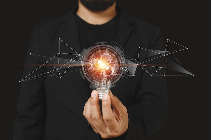 Photo businessman holding light bulbs. creative innovation technology. thinking creativity, power vision and ideas concept.