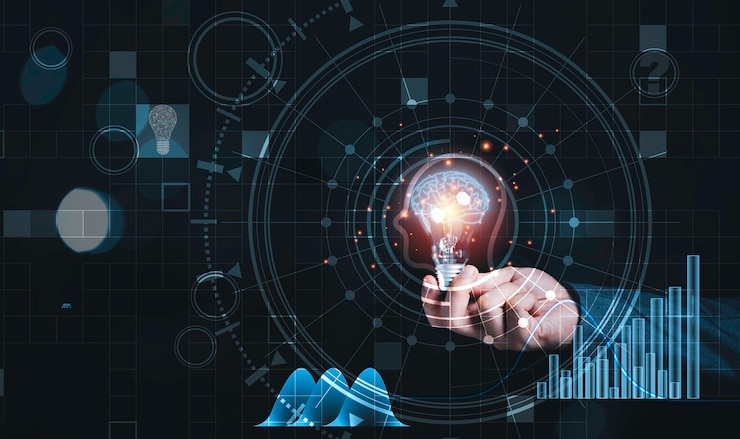 Photo businessman holding lightbulb with virtual brain and infographic, reative thinking ideas and innovation concept.